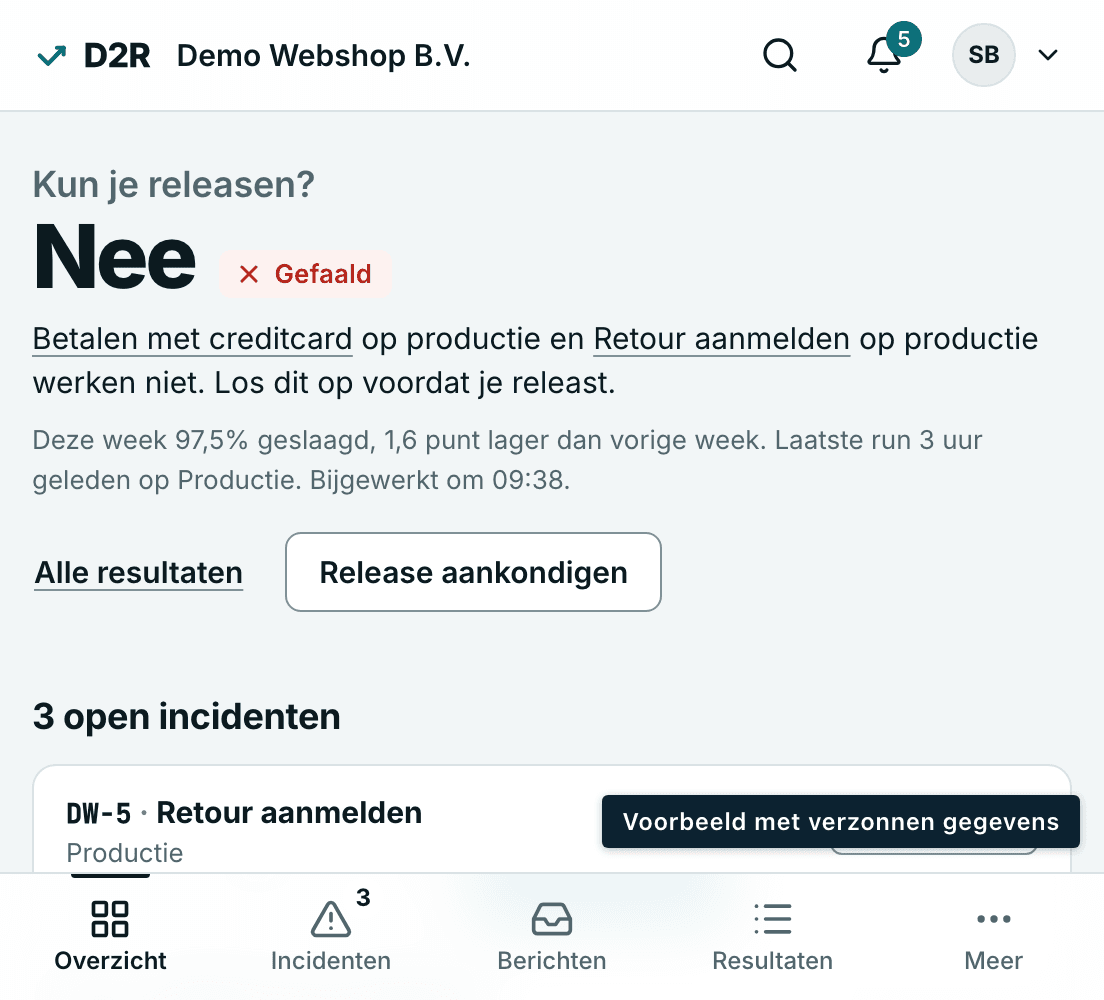 Voorbeeld van D2R: het overzicht in de ochtend. Kun je releasen? Nee, want betalen met creditcard en retour aanmelden werken niet op productie.